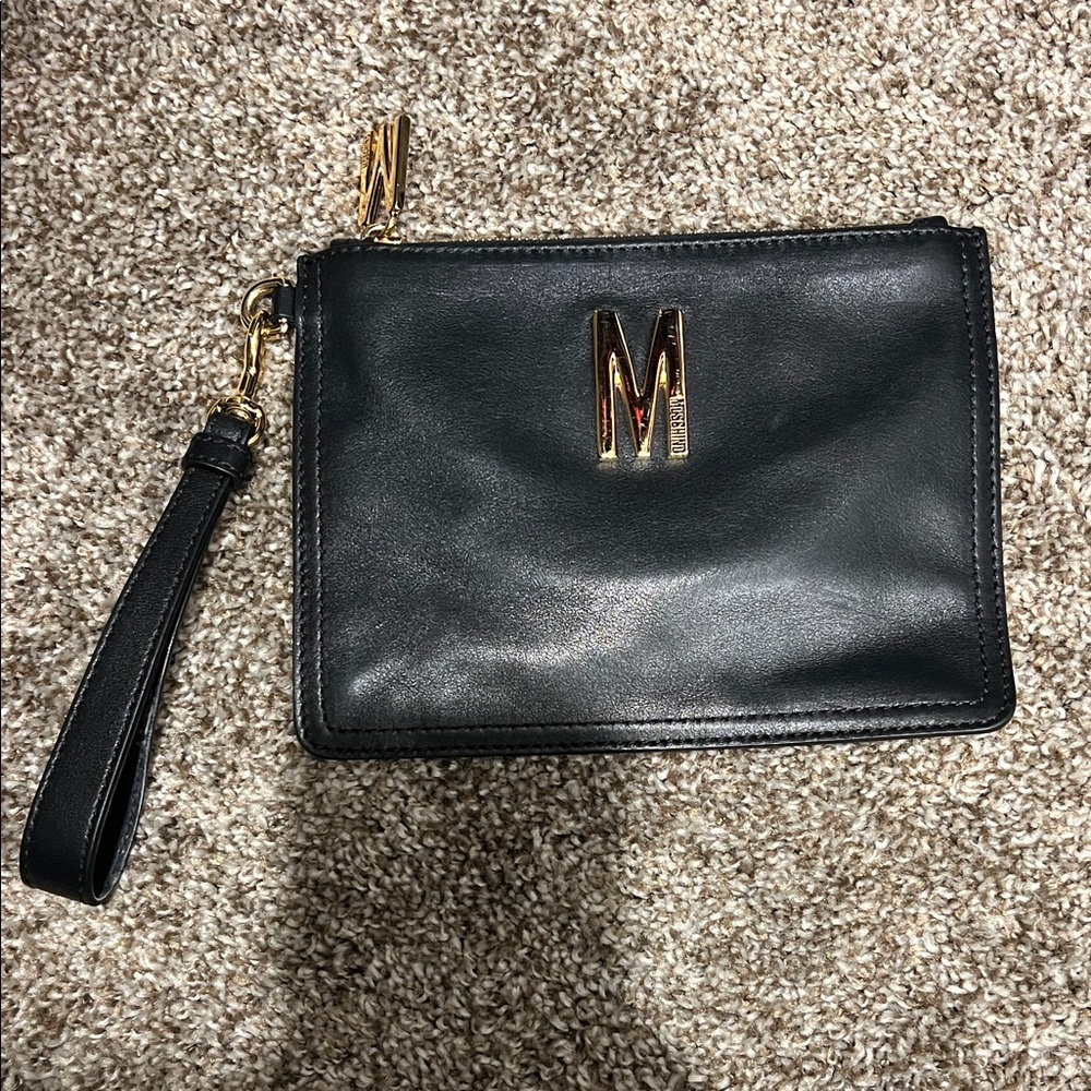 Moschino Black Leather Clutch with Gold Logo
